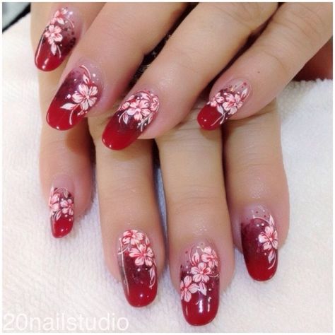 Red manicure Red Flowers On Nails, Red Acrylic Nails Flower Design, Red Nail With Flower Design, Dark Red Flower Nails, Red Nail Flower, Manicure Tutorials, Red Manicure, Daisy Nails, Floral Nail Art