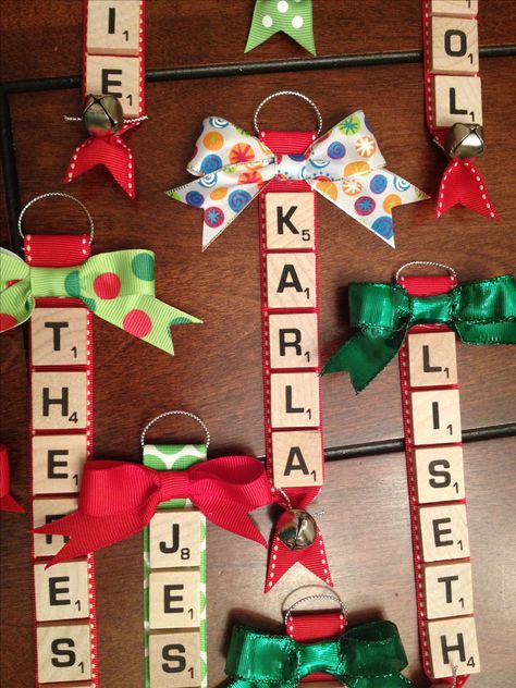 Personalized scrabble tile ornaments with bells and bows! Scrabble Ornaments, Scrabble Crafts, Christmas Ornaments Homemade, Christmas Crafts For Kids, Xmas Ornaments, Homemade Christmas, Xmas Crafts, Diy Christmas Ornaments, Christmas Projects