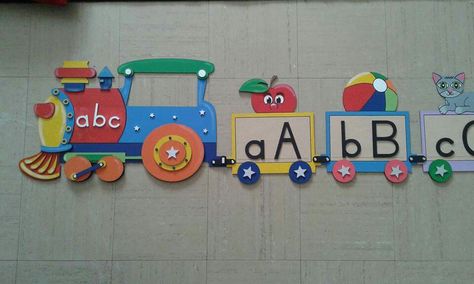 Alphabet train Alphabet Train, Alphabet Board, Kindergarten Classroom Decor, Letter Games, Alphabet Worksheets Preschool, Preschool Letters, Classroom Design, Paper Flower Tutorial, Display Board