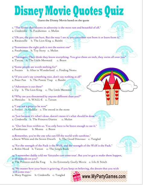 Disney Movie Trivia Questions, Disney Activity Sheets Free Printables, Disney Party Games For Adults, Disney Quiz Questions And Answers, Disney Riddles, Disney Trivia Questions And Answers, Disney Friendship Quotes, Disney Party Games, Disney Movie Quiz