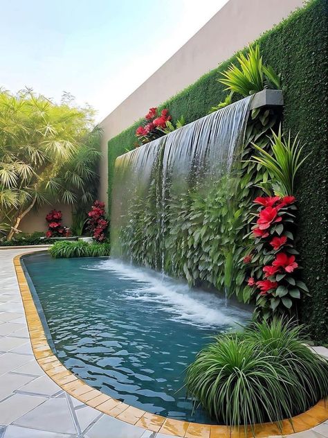 Waterfall In Pool, Interior Waterfall, Small Garden Waterfalls, Waterfall Pool, Vertikal Garden, Luxury Pools Backyard, Outdoor Wall Fountains, Taman Air, Garden Waterfall