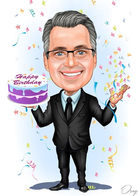 A man is wearing a black suit and standing with a double birthday cake in one hand. The ribbons are fluttering behind him. Caricature Birthday Man, Double Birthday Cake, Happy Birthday Men, Happy Birthday Old Man, Happy Birthday Cartoon, Cartoon Happy Birthday, Birthday Caricature, Cartoon Birthday Cake, 50th Birthday Gag Gifts