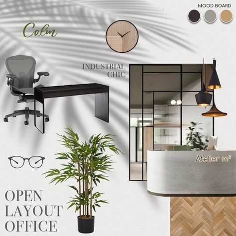 Office Concept Board, Industrial Office Mood Board, Moodboard Office, Mod Board, Industrial Style Office, Office Layout Plan, Startup Design, Office Design Inspiration, Office Themes