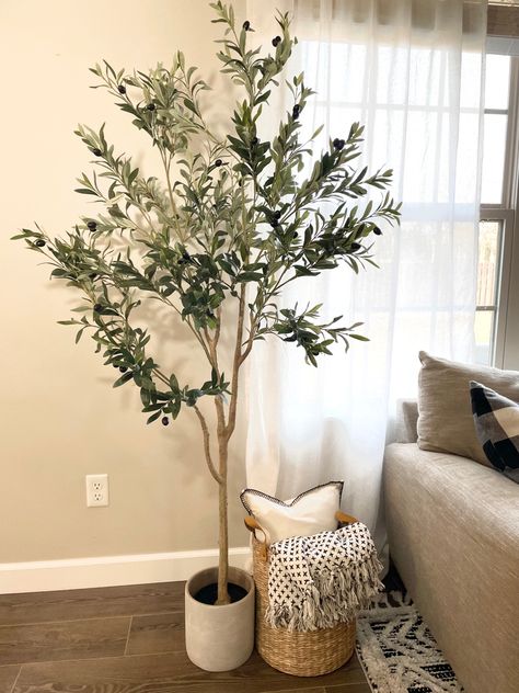 Olive Artificial Tree, Artificial Trees In Living Room, Home Tree Decor, Olive Plant Decor, Indoor Fake Tree Decor Living Rooms, Olive Tree Fake Plant, Living Room Corner Ideas Plants, Olive Tree Home Decor, Olive Tree Decoration