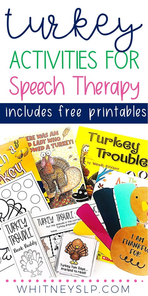 Looking for turkey activities for speech therapy? Take a look at these books, extension activities, crafts, games, freebies, and more, perfect for targeting speech and language skills! Turkey Speech Therapy Activities, Five Little Turkeys, Thanksgiving Speech Therapy, Speech Therapy Thanksgiving, Thanksgiving Speech, Turkey Activities, Speech Therapy Themes, Speech Therapy Activities Preschool, Activities For Speech Therapy