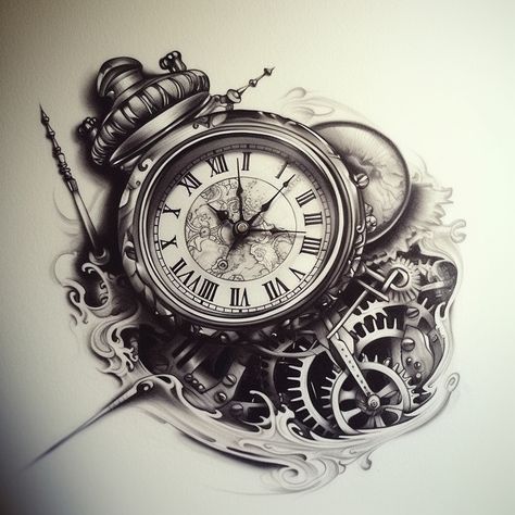 Timepiece Tattoo Design, Watch Tattoo Men, Old Clock Tattoo Design, Old Watch Tattoo, Clock Tattoo Design For Men, Old Clock Tattoo, Timepiece Tattoo, Word Tattoo Designs, Luis Tattoo