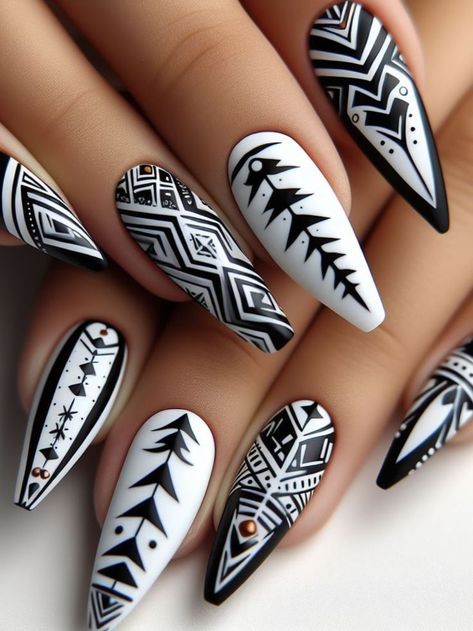 Black And White Aztec Nails, Native American Nail Art, Aztec Nail Art, Black And White Nail Designs, Fruit Nail, Aztec Nails, Decorative Nails, Nail Glam, American Nails