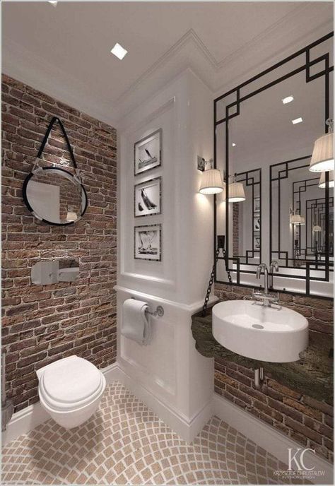 Brick Bathroom Wall, Exposed Brick Bathroom, Brick Tiles Bathroom, Brick Bathroom, Comfort Room, Rustic Loft, Accent Walls In Living Room, Interior Remodel, Bathroom Tile Designs