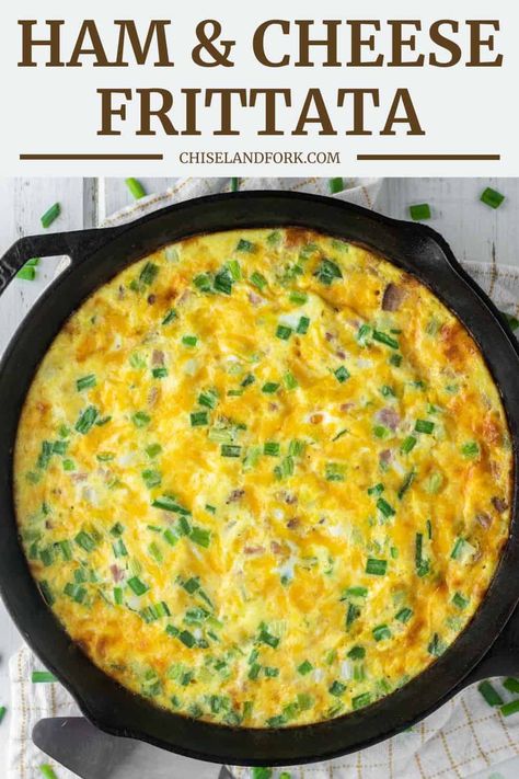 With leftover ham, cheese and green onions, this ham and cheese frittata is quick to prepare and can be eaten for breakfast, lunch or dinner. #hamandcheesefrittata #frittata #eggs | chiselandfork.com Meat Frittata Recipes, Ham And Spinach Frittata, Ham And Cheese Frittata Recipes, Ham Frittata Recipes, Fritatta Recipe Breakfast, Cheese Frittata Recipes, Breakfast Frittata Recipes, Ham And Cheese Frittata, Oven Baked Frittata