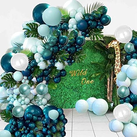 Teal Balloon Garland, Teal Balloons, Hanging Balloons, Blue Party Decorations, Balloons For Birthday, Girls Birthday Party Decorations, Green Jungle, Clear Balloons, Safari Theme Party