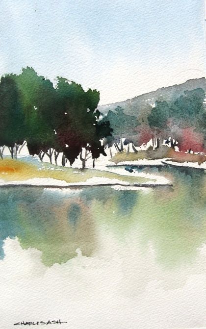 Lake Shore - Original watercolor painting Beautiful Composition, Watercolor Landscapes, Watercolor Paintings For Beginners, Lake Shore, Watercolour Inspiration, Loose Watercolor, Watercolor Paintings Easy, Watercolor Painting Techniques, 수채화 그림