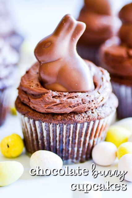 Chocolate cupcakes topped with a whipped chocolate ganache and a miniature chocolate bunny. So cut for Easter! Ostara Desserts, Mini Egg Cupcakes, Peep Cupcakes, Coconut Carrot Cake, Easter Cupcake Ideas, Cupcakes Coconut, Easter Cupcake Recipes, Whipped Chocolate Ganache, Easter Bunny Cupcakes