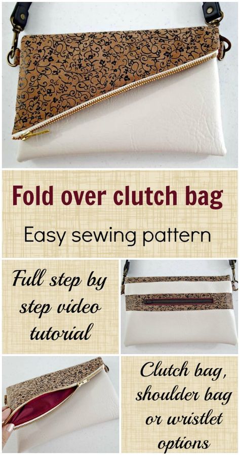 Video tutorial and sewing pattern for how to make this cute fold over clutch bag, with optional back zipper pocket and shoulder strap/wrist strap. Clutch Bag Pattern, Fold Over Clutch, Modern Bag, Sewing Purses, Easy Sewing Patterns, Bag Patterns To Sew, Simple Bags, How To Sew, Sewing Bag