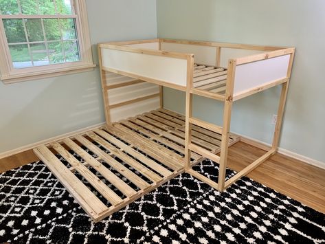 Twin bunk bed with diy lower queen platform Ikea Bunk Bed Hack, Ikea Bunk Bed, Ikea Kura Hack, Kura Hack, Toddler Bunk Beds, Kids Rooms Shared, Ikea Kura Bed, Kids Shared Bedroom, Hack Ikea