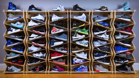 Sneaker Drops! These Are The Hottest Sneakers Releasing This Weekend Most Efficient Shoe Storage, Shose Design Shelf, Shoes Display Design, Shoe Display Ideas, Ways To Store Shoes, Shoe Shelving, Shoe Storage Display, Sneaker Rack, Shoe Storage Design