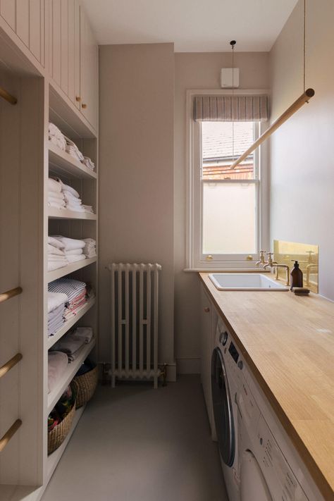 Victorian Laundry Room, Victorian Family Home, Painted Floorboards, Built In Sofa, Woodland Wallpaper, House In London, London Houses, Attic Bathroom, Herringbone Floor