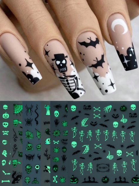 6pcs Luminous Cartoon Ghost Nail Art Stickers Spider Skeleton Skull Head Pattern Glow In The Dark Fluorescent Design Nail Charms Decal Festive Manicure Nail Art Decoration Multicolor    Paper Plants Pattern Stickers   Nail,Hand & Foot Care, size features are:Bust: ,Length: ,Sleeve Length: Ghost Nail Art, Spider Skeleton, Ghost Nail, Cartoon Ghost, Plants Pattern, Festive Manicure, Manicure Nail Art, Ghost Cartoon, Paper Plants