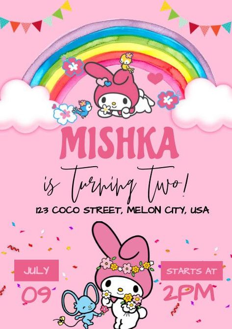 Hello Kitty Birthday Invitation Template, My Melody Invitation, My Melody Birthday Invitation, My Melody Party Ideas, My Melody Birthday, Pink My Melody, Hello Kitty Invitations, Free Certificate Templates, Free Printable Invitations