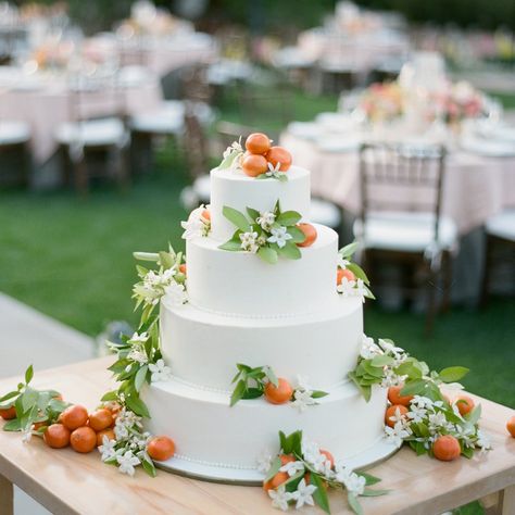 Kumquat & Orange Blossom Wedding Cake - Wedding Floral Decor by LMD Lewis Miller Designs  Photo by Amy & Stuart Photography Blossom Wedding Cake, Gaming Wedding Cake, Orange Blossom Wedding, Orange Wedding Cake, Fruit Wedding Cake, Summer Wedding Cakes, Citrus Wedding, Cake Games, Wedding Unity