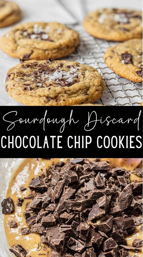 These sourdough discard chocolate chip cookies are so easy to make and taste delicious! They use sourdough starter discard, browned butter, and plenty of chocolate chunks. It has a tangy flavor, which can add depth and complexity to the flavor of these cookies Sourdough Discard Chocolate Chip Cookies, Discard Chocolate Chip Cookies, Use Sourdough Starter, Use Sourdough Discard, Sourdough Starter Discard, Recipe Using Sourdough Starter, Sourdough Recipe, Sourdough Starter Discard Recipe, Sourdough Starter Recipe