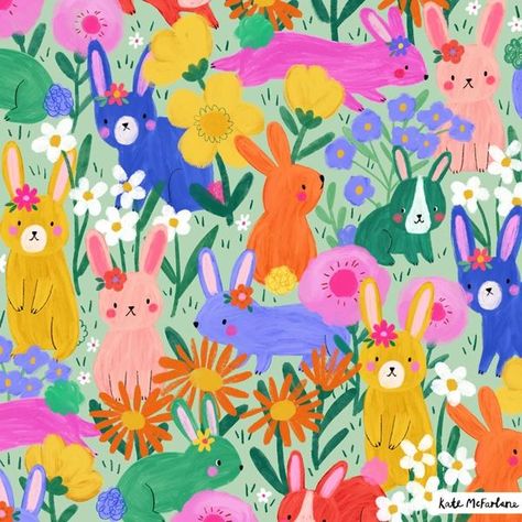 Kate Mcfarlane, Spring Patterns Design, Garden Graphic, Flower Meadow, Bunny Pattern, Kids Pjs, Year Of The Rabbit, Whimsical Garden, Hide And Seek