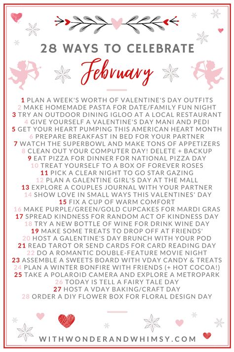 An idea-a-day activity list for the month of February, with lots of fun and creative ways to celebrate Valentine's Day! Feb Bucket List, February Bucket List For Kids, February Bucket List 2024, Valentine’s Day Bucket List, Marriage Resolutions New Years, Valentines Bucket List, Goals For February, Valentines Day Bucket List, February Bucket List Ideas