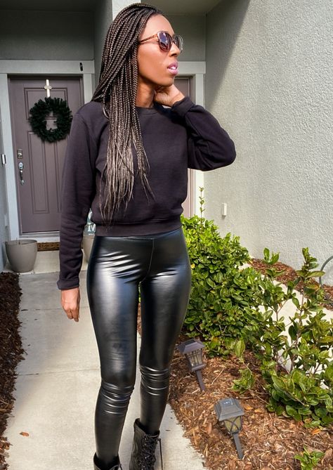 A must-have staple piece. These faux leather slim-fit black leggings will be your new go-to. Pair them with an oversized sweater, a cardigan, or jazz it up with a blazer. Model is 5'4 wearing a size Small (fits more like an XS) 95% Polyester, 5% Spandex High-waist Slight stretch Faux leather sheen Teen Leather Leggings, Faux Leather Tights Outfit, Winter Party Style, Leather Leggings Outfit Night Going Out, Leather Leggings Outfit Night, Styling Leather Leggings, Vinyl Outfits, Black Leather Leggings Outfit, Leather Leggings Outfits