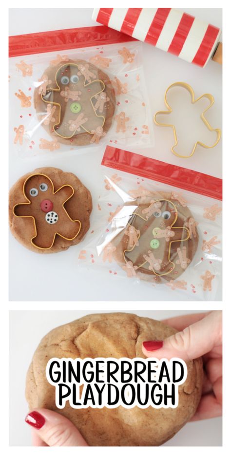 Gingerbread playdough is easy to make and a great sensory activity for kids. I made 16 packages to send to kindergarten! Gingerbread Playdoh No Cook, Gingerbread Play Dough Recipe, Ginger Bread Play Dough, Gingerbread Man Playdough, Gingerbread Playdough Kit, Gingerbread Man Sensory Activities, Gingerbread Man Sensory Bin, Gingerbread Games For Kids, Gingerbread Prek Activities