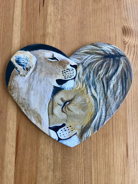 “Lion Love” painting on heart shaped canvas board. $15. Heart Shaped Painting, Heart Paintings, Heart Canvas Painting Ideas, Cute Heart Canvas Paintings, Painting Ideas On Heart Shaped Canvas, Small Canvas Art Heart, Heart Shaped Canvas Painting Ideas, Heart Shaped Canvas, Heart Shape Canvas Painting