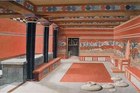 Reconstruction of the Throne Room Minoan Architecture, Ancient Crete, Knossos Palace, Sea Peoples, Minoan Art, Ancient Greek Architecture, Greek History, Throne Room, Ancient Architecture