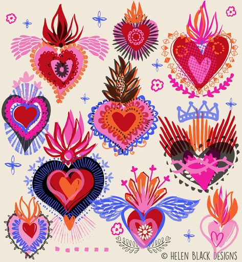 Sacred Heart Folk Art, Mexican Flaming Heart, Colorful Mexican Art, Mexican Heart Illustration, Mexican Sacred Heart Art, Mexican Heart Art, Mexican Pattern Design, Mexican Design Pattern, Mexican Illustration Art