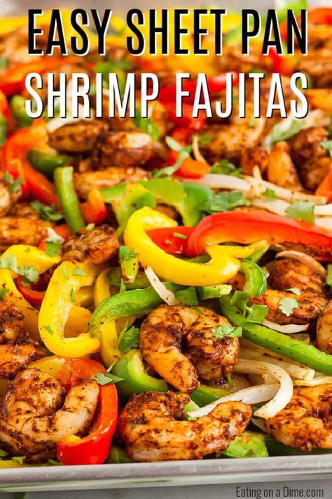 Sheet Pan Shrimp Fajitas Recipe makes dinner time so easy because everything you need is in one pan. Enjoy flavorful shrimp, veggies and the best seasoning. One Pan Shrimp Fajitas, Sheet Pan Shrimp And Veggies, Shrimp Fajitas Recipe, Shrimp Fajita Recipe, Spanish Rice Recipe Easy, Grilled Chicken Fajitas, Sheet Pan Shrimp, Fajita Spices, Pan Shrimp