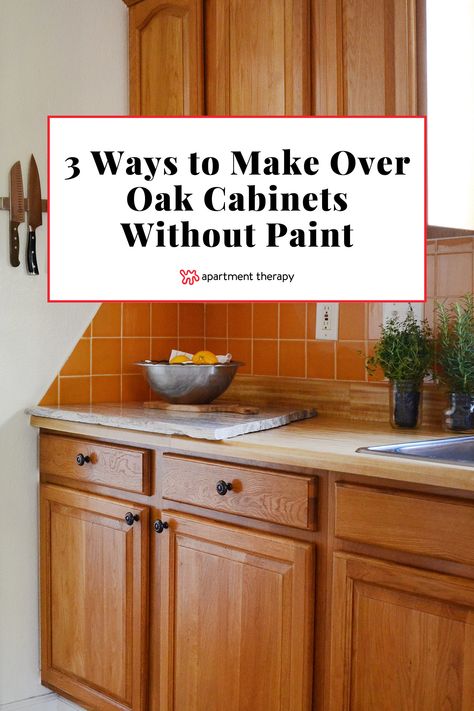 Find 3 ideas for refreshing oak cabinets without using paint, according to a pro. Oak Cabinet Update Without Painting, Oak Effect Kitchen Cabinets, Updated Oak Cabinets Without Painting, Distressed Oak Cabinets, No Paint Cabinet Makeover, Oak Cupboard Makeover, Painting Wooden Cabinets Kitchens, How To Make Oak Cabinets Look Good, Painted Kitchen Cabinets With Wood Countertops