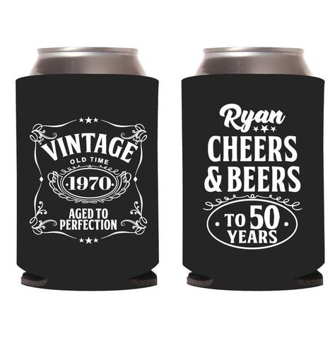 Cheers and Beers Vintage Personalized Birthday Can Coolers | Etsy 40th Birthday Koozies, 50th Birthday Koozies, Birthday Shot Glasses, Shot Glass Favors, Birthday Koozies, Beer Coozie, Wedding Shot Glasses, Birthday Shots, Party Favors Birthday