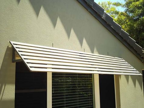 External Louvres, Outdoor Screen Panels, House Awnings, Aluminum Awnings, Metal Awning, Window Awning, White Exterior Houses, Black Roof, Shade House