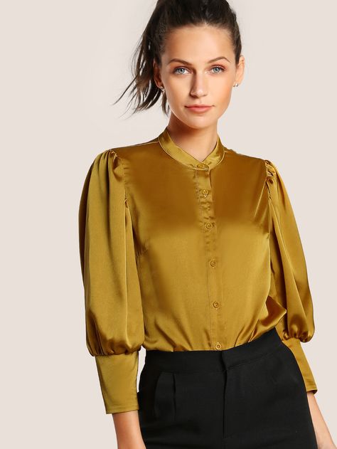 Shop Puff Sleeve Slim Fit Blouse online. SheIn offers Puff Sleeve Slim Fit Blouse & more to fit your fashionable needs. 16.00 Satin Top Blouses, Fitted Blouses, Satin Blouses, Plain Tops, Satin Blouse, Satin Top, Spring Shirts, Blouse Online, Yellow Fashion