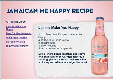 seagram recipe | hi sugarplum! | Flickr Jamaican Me Happy Drink Recipe, Seagrams Drinks, Seagrams Escapes, Bucket Drinks, Watermelon Martini, Mixology Recipes, Virgin Drinks, Carribean Food, Bartender Drinks