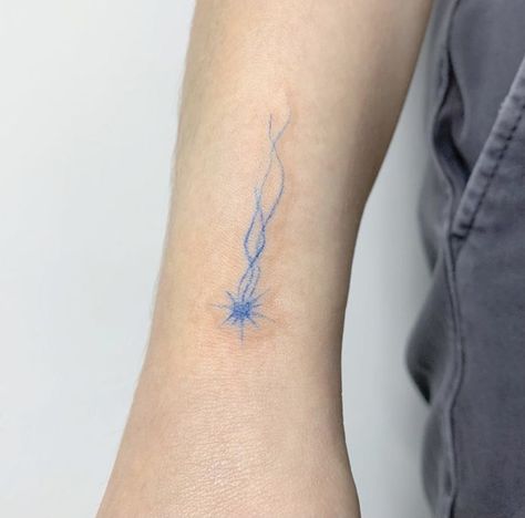 Meteor Shower Tattoo, Blue Star Tattoo, Meteor Tattoo, Blue Flame Tattoo, Blue Tattoos, Blue Ink Tattoos, Shooting Star Tattoo, Abstract Tattoo Ideas, Think Tattoo