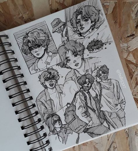 Buhuhu | ( lil hiatus ) on Instagram: “A page full of Jungkookie 🥺💖 made with fine liner pens- Watch the full Drawing Process on my YT channel, link in my BIO 💫 . Drawing this…” Liner Art Drawing, Full Page Sketches, Fine Liner Pen Art, Fine Liner Sketch, Bio Drawing, Full Drawing, Yt Channel, Drawing Process, Pen Art