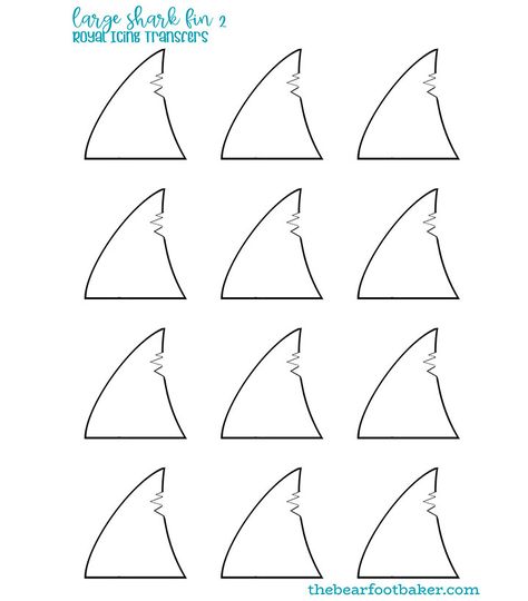 How to Make Shark Fin Cookie Decorations | The Bearfoot Baker Shark Fin Template Printable, Shark Template, Shark Fin Cupcakes, Shark Cupcakes, Shark Party Decorations, Shark Boy, Icing Transfers, Happy Shark, Shark Cookies