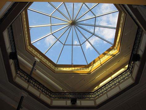 RHYTHM - We took this picture of this amazing octagonal skylight in Hamilton, Ohio in 2012. The geometry of the repeating diagonal lines and triangular sections form an inner and outer octagon and of course draw the eye straignt up. Octagonal Building Architecture, Octagon Architecture, Octagonal Architecture, Hexagon Architecture, Octagonal Building, Octagon Building, Octagonal Room, Forest Building, Architecture Windows