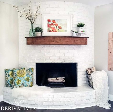 Simple Spring Mantel Ideas - Joyful Derivatives White Brick Corner Fireplace, Round Corner Fireplace Ideas, Rounded Fireplace Mantle, Rounded Corner Fireplace, Round Fireplace Decor, Round Corner Fireplace, Curved Brick Fireplace, Round Brick Fireplace, Curved Fireplace Mantle