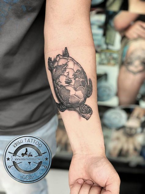 Goa Tattoo, Globe Tattoo, Shell Tattoo, Custom Tattoos, Mini Turtles, Palm Tattoos, Turtle Tattoo, Goa India, Custom Tattoo