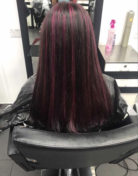 Dark Pink Streaks In Black Hair, Subtle Purple Highlights For Dark Hair, Pink Hilights Hair, Striped Dyed Hair, Burgundy Underneath Hair, Magenta Highlights On Dark Hair, Black Hair With Pink Streaks, Red Stripes Hair, Black Hair Pink Highlights