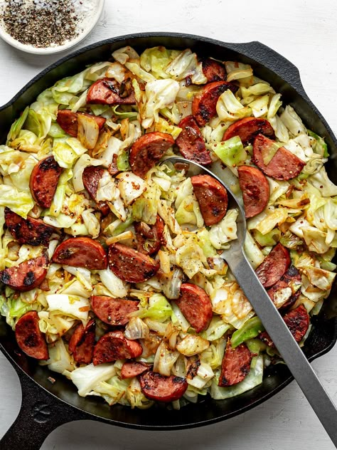 Sautéed Cabbage and Sausage Cabbage Sausage Potato, Sausage Cabbage Skillet, Sautéed Cabbage, Cabbage Sausage, Cabbage And Potatoes, Sauteed Cabbage, Cabbage And Sausage, Sausage Dishes, Sausage Potatoes