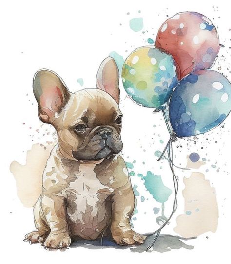 French Bulldog Painting Acrylics, French Bulldog Birthday, French Bulldog Watercolor, Akvarel Illustration, Dog Watercolour, Bulldog Watercolor, French Bulldog Drawing, French Bulldog Painting, French Bulldog Pictures