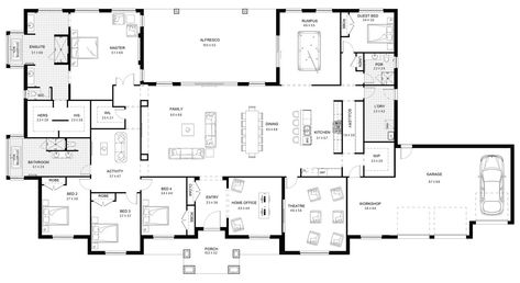 Mirage 62 - Acreage Level - Floorplan by Kurmond Homes - New Home Builders Sydney NSW House Plan With Home Gym, House With Gym Floor Plans, House Plans With Gym, Home Gym Floor Plan, 5 Bedroom House Floor Plan One Level, House Plans Australia, 6 Bedroom House Plans, 5 Bedroom House Plans, Gym Room At Home