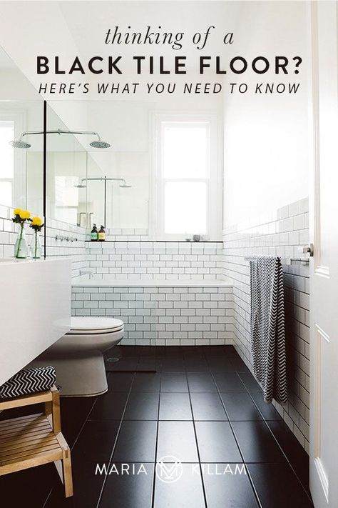 If you’re really going to install black floors, please know they will show EVERYTHING! See this bathroom below—it’s been photoshopped to look that perfect 😉 – I promise you! Keep the walls classic with white subway tile and repeat the black in the grout. Black Tile Floor, Black Bathroom Floor Tiles, White Tiles Black Grout, Slate Bathroom Floor, Black Tile Bathroom Floor, Black And White Bathroom Floor, Black Floors, Black Bathroom Floor, White Subway Tile Shower