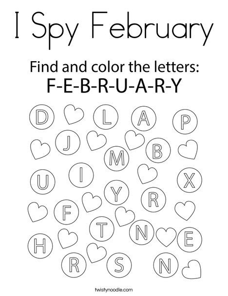 I Spy February Coloring Page - Twisty Noodle February Preschool Worksheets, February Worksheets, Worksheets For Elementary, Books For Preschool, Valentine Worksheets, February Lessons, February Activity, February Crafts, Preschool Valentines