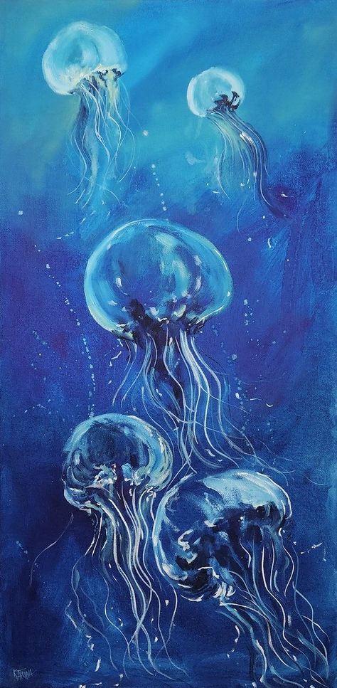 Jellyfish Canvas Painting, Blue Painting Aesthetic, Sealife Art, Underwater Drawing, Ocean Jellyfish, Marine Life Art, Ocean Drawing, Colorful Jellyfish, Jellyfish Painting